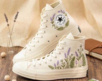 Lavender Converse High Tops, Embroidered Floral Sneakers, Custom Purple Botanical Streetwear Women