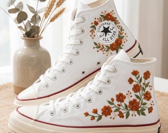 Burn Flower Converse High Top Shoes, Embroidered Sneakers, Personalized Canvas Footwear Vintage Floral Design