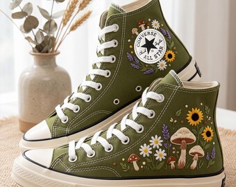 Mushroom Flower Converse High Top Shoes, Embroidered Sneakers, Personalized Canvas Footwear Nature Inspired Design