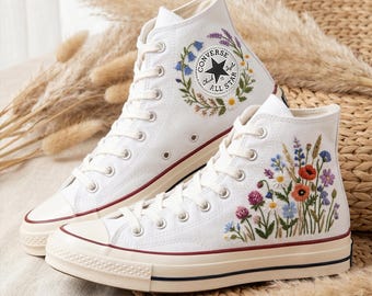 Color Floral Custom Converse High Top, Embroidered Canvas Sneakers, Handmade Personalized All Star Shoes