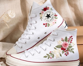 Floral Converse High Top Shoes, Embroidered Sneakers, Personalized Canvas Footwear Botanical Pattern Design Style
