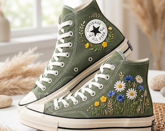 Wildflower Floral Converse High Top, Embroidered Custom Canvas Sneakers, Nature Inspired Unisex Streetwear Shoes