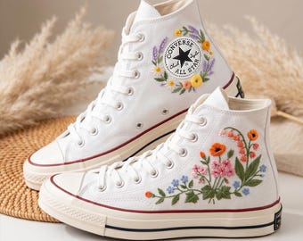 Color Wildflower Converse, Custom High Top Embroidered Canvas Shoes Handmade Personalized Sneakers Design Style