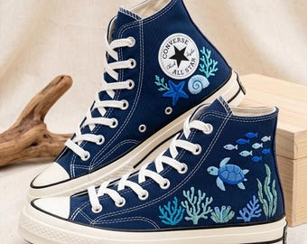 Ocean Converse High Top, Custom Embroidered Canvas Sneakers, Sea Wave Design Unisex Streetwear Shoes