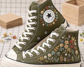 Olive Green Converse High Top Shoes, Embroidered Sneakers, Personalized Canvas Footwear Minimal Botanical Design