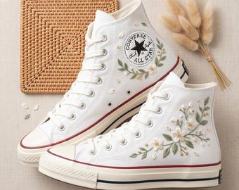 White Floral Bridal Converse High Top Sneakers, Custom Embroidered Wedding Shoes, Personalized Canvas Design