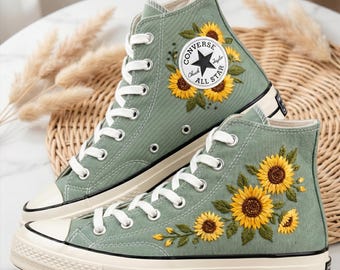 Bridal Sunflower Embroidered Converse High Top Sneakers, Custom Canvas Shoes, Handcrafted Floral Design Personalized