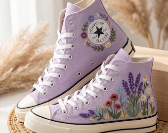 Lavender And Flower Custom Converse High Top, Embroidered Canvas Sneakers, Personalized All Star Shoes