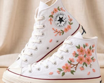 Blossom Floral Custom Converse High Top, Embroidered Canvas Sneakers, Handmade Personalized All Star Shoes