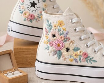 Pastel Wedding Converse High Top Shoes, Embroidered Sneakers, Personalized Canvas Footwear Soft Floral Design
