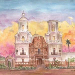 San Xavier del Bac Mission, Tucson Arizona, Watercolor print