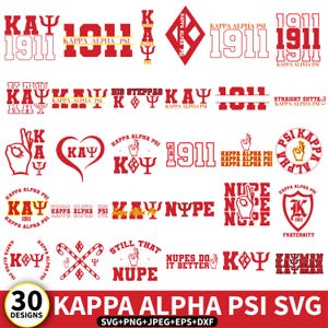 May include: A collection of 30 Kappa Alpha Psi SVG designs in red and white. The designs include the fraternity's Greek letters, the year 1911, and various symbols. The image also includes the text "Kappa Alpha Psi SVG" and file type information.
