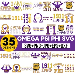 May include: A collection of Omega Psi Phi SVG designs in purple and gold. The designs include the fraternity's Greek letters, the year 1911, and bulldog graphics. The image also includes the text "35 DESIGNS" and file type information.