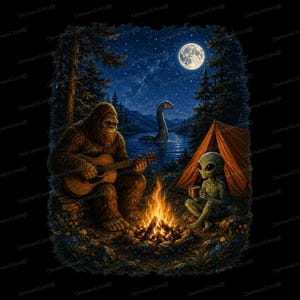 Pode incluir: Uma ilustração gráfica com um Bigfoot castanho a tocar guitarra acústica junto a uma fogueira. Um alienígena está sentado por perto a segurar uma caneca em frente a uma tenda laranja. Ao fundo, uma criatura de pescoço comprido nada num lago sob a lua cheia.