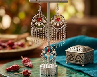 Boho Silverfärgad Dingelkedja Smyckeset med Röda Pärlor