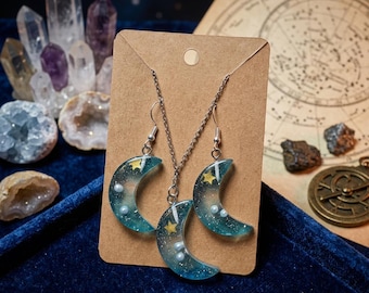 Smyckeset med halvmåne i harts • Celestial halsband och hängande örhängen
