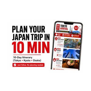以下が含まれることがあります： 日本の旅行の旅程が表示されたスマートフォン。テキストには「10分で日本の旅行を計画」と書かれています。旅程には東京、京都、大阪が含まれます。アプリは、計画なしで10日間の旅行を約束します。