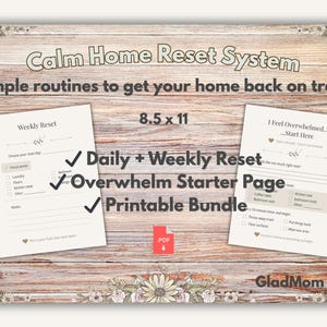 以下が含まれることがあります： 「Calm Home Reset System」と「Simple routines to get your home back on track」のテキストが入った印刷可能なバンドル。 「Daily + Weekly Reset」と「Overwhelm Starter Page」を21.6 x 27.9 cmの紙に収録。
