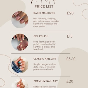 Könnte beinhalten: Eine beige Preisliste für Nagelkunst-Dienstleistungen. Die Liste umfasst Basic Manicure, Gel Polish, Classic Nail Art und Premium Nail Art. Jeder Service hat eine kurze Beschreibung und einen Preis. Oben auf der Liste steht "Nail Art".