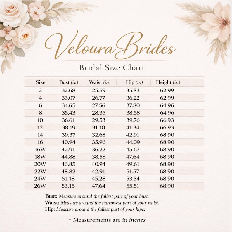 May include: A bridal size chart from Veloura Brides, showing bust, waist, hip, and height measurements in inches. Sizes range from 2 to 26W. The chart includes measurement instructions. The background has a soft floral design.