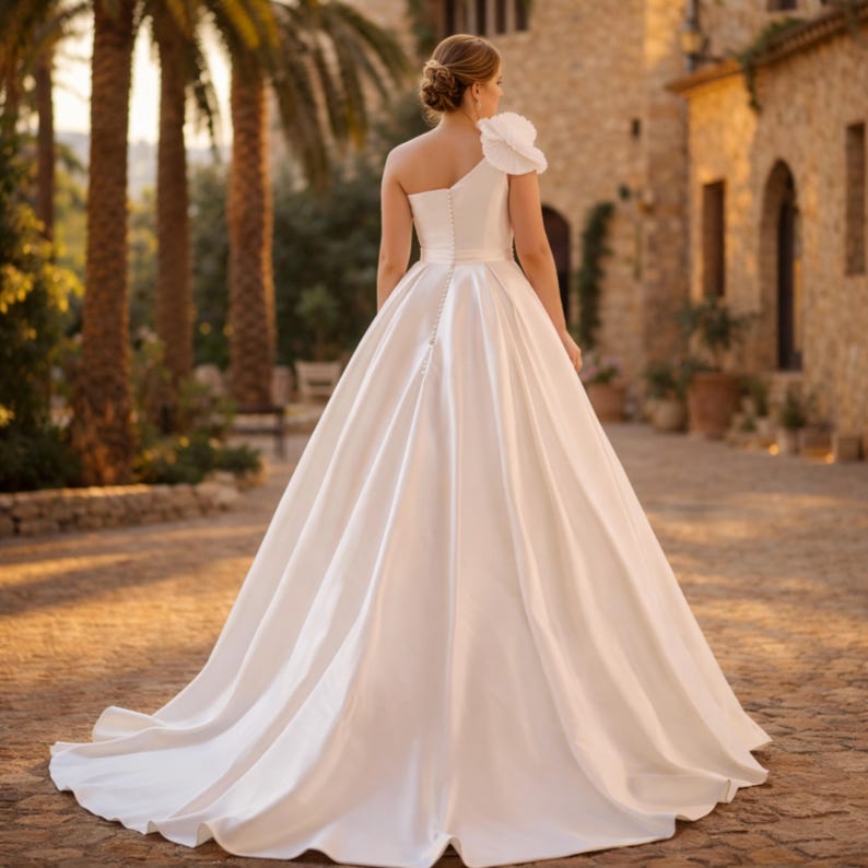 Peut inclure: Robe de mari&eacute;e blanche &agrave; une &eacute;paule, orn&eacute;e d'une grande fleur sur l'&eacute;paule. La robe pr&eacute;sente un corsage ajust&eacute; et une jupe fluide qui tra&icirc;ne derri&egrave;re. L'image est prise &agrave; l'ext&eacute;rieur, avec des palmiers et un b&acirc;timent en pierre en arri&egrave;re-plan.