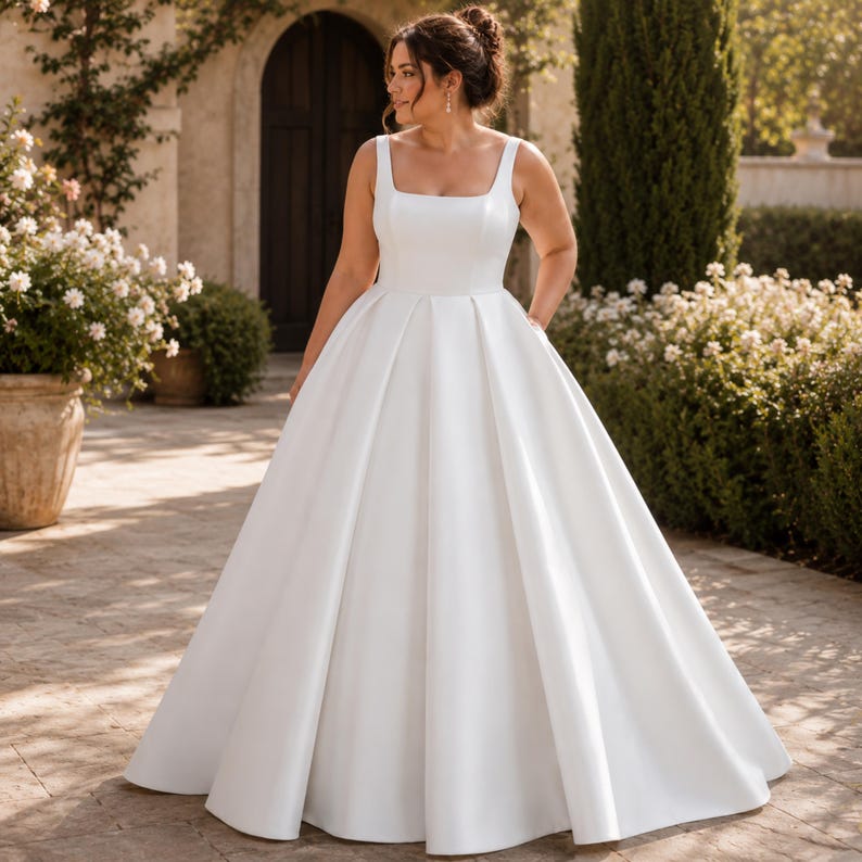Plus Size Satin Wedding Dress, Square Neck Ballgown, Minimalist Bridal Gown, Elegant Reception Ceremony
Plus Curvy Bridal Gown, Lace Bohemian, Rustic Elegant Long sleeve, Slit A-line Wedding Dress
Plus Size Sparkly Boho Wedding Dress, Lace Bridal Gown with Open Back | Romantic Beach & Outdoor Wedding Dress
