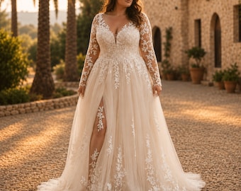 Plus Curvy Bridal Gown, Lace Bohemian, Rustic Elegant Long sleeve, Slit A-line Wedding Dress