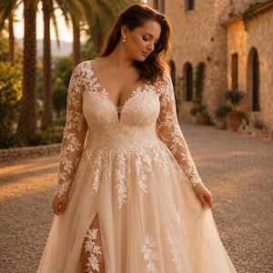 Plus Curvy Bridal Gown, Lace Bohemian, Rustic Elegant Long sleeve, Slit A-line Wedding Dress
Plus Size Sparkly Boho Wedding Dress, Lace Bridal Gown with Open Back | Romantic Beach & Outdoor Wedding Dress