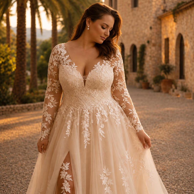 Plus Curvy Bridal Gown, Lace Bohemian, Rustic Elegant Long sleeve, Slit A-line Wedding Dress
Plus Size Sparkly Boho Wedding Dress, Lace Bridal Gown with Open Back | Romantic Beach & Outdoor Wedding Dress