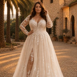 Plus Curvy Bridal Gown, Lace Bohemian, Rustic Elegant Long sleeve, Slit A-line Wedding Dress
Plus Size Sparkly Boho Wedding Dress, Lace Bridal Gown with Open Back | Romantic Beach & Outdoor Wedding Dress