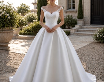 Robe de mariée de luxe en satin, robe de bal en dentelle, robe de mariée élégante, réception de princesse, tenue de cérémonie
