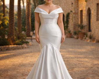 Satin Wedding Dress, Off-shoulder Mermaid, Elegant Minimalist Fitted Bridal Gown, Romantic Classic Bride