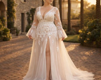 Plus Curvy Lace Wedding Dress, Bohemian V-neck, Sleeves Tulle Slit, Romantic Bridal Gown