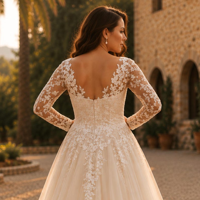 Plus Curvy Bridal Gown, Lace Bohemian, Rustic Elegant Long sleeve, Slit A-line Wedding Dress
Plus Size Sparkly Boho Wedding Dress, Lace Bridal Gown with Open Back | Romantic Beach & Outdoor Wedding Dress