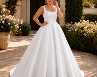 Robe de mariée en satin, robe de bal à col carré, robe de mariée minimaliste, cérémonie de réception élégante
