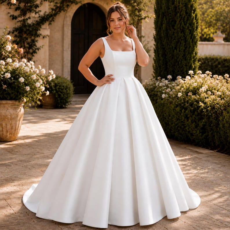 Plus Size Satin Wedding Dress, Square Neck Ballgown, Minimalist Bridal Gown, Elegant Reception Ceremony
Plus Curvy Bridal Gown, Lace Bohemian, Rustic Elegant Long sleeve, Slit A-line Wedding Dress
Plus Size Sparkly Boho Wedding Dress, Lace Bridal Gown with Open Back | Romantic Beach & Outdoor Wedding Dress