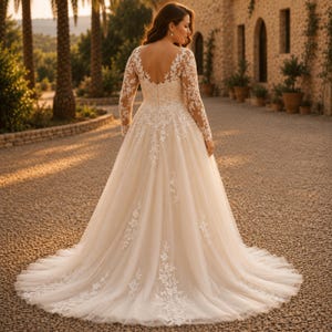 Plus Curvy Bridal Gown, Lace Bohemian, Rustic Elegant Long sleeve, Slit A-line Wedding Dress
Plus Size Sparkly Boho Wedding Dress, Lace Bridal Gown with Open Back | Romantic Beach & Outdoor Wedding Dress