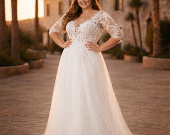 Plus Curvy Wedding Dress, Elegant V-neck, Sleeves Tulle, A-line Romantic Bridal Gown