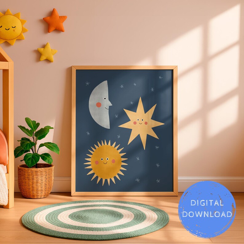 Sun Moon Star Nursery Print, Neutral Baby Room Decor, Kids Wall Art ...