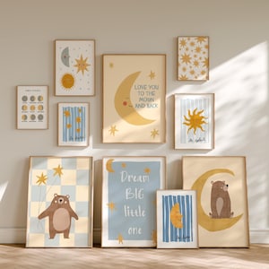 Set of 10 Celestial Nursery Prints Bundle, Sun Moon Star Gallery Wall Art (Digital)