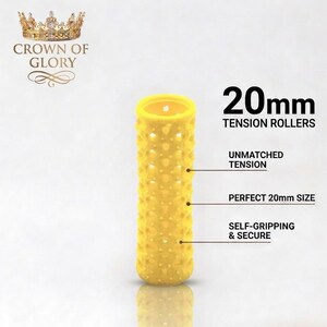 May include: A yellow 20mm tension roller with a textured surface. The image includes text that reads "Crown of Glory", "New Intense Rollers!", and "Elevate Your Style. Get the Crown You Deserve."