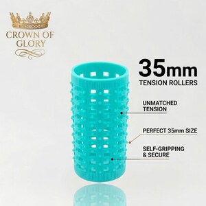 May include: A turquoise 3.5cm tension roller with a textured surface. The image includes the text "Crown of Glory" and "New Intense Rollers!" with the phrases "Unmatched Tension" and "Self-Gripping & Secure."