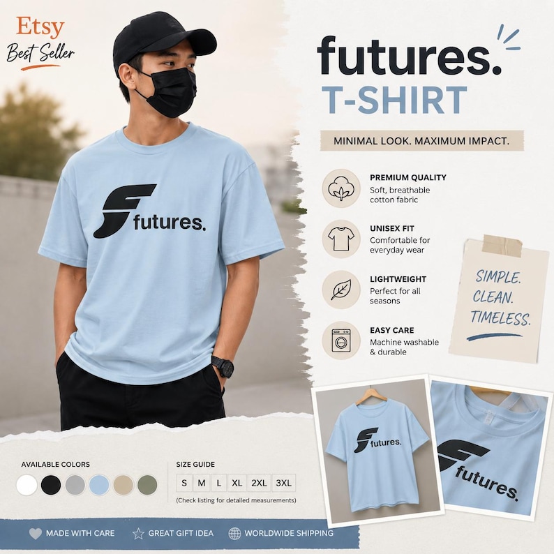 K&ouml;nnte beinhalten: Hellblaues T-Shirt mit dem Wort "futures." in Schwarz und einem stilisierten "F"-Logo. Das Shirt ist Teil einer Kollektion mit verschiedenen Farboptionen und Gr&ouml;&szlig;en. Das Design betont eine minimalistische &Auml;sthetik.