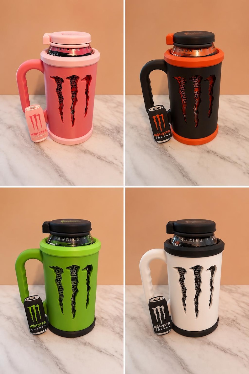 K&ouml;nnte beinhalten: Vier Dosenhalter mit Griff, jeder mit einem Ausschnitt des Monster Energy Logos. Die Halter sind in Pink, Schwarz, Limettengr&uuml;n und Wei&szlig; erh&auml;ltlich, wobei an jedem Griff eine passende Miniatur-Dosenreplik befestigt ist.