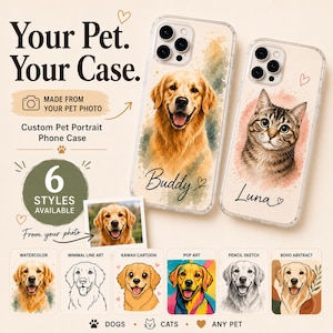 Op de afbeelding: Twee doorzichtige telefoonhoesjes met aangepaste huisdierportretten. Eén hoesje toont een golden retriever genaamd Buddy met een aquareleffect, de andere een cyperse kat genaamd Luna. De tekst bevat Your Pet. Your Case. en 6 Styles Available.