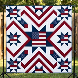 America 250th Anniversary Quilt Patterns PDF | Patriotic Star with US Flag | 1776-2026 USA | 4th of July Sewing | Mini Baby Throw King Bed