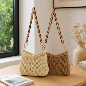 Retro Straw Woven Handbag, Summer Beach Purse, Small Chain Shoulder, Boho Resort Tote