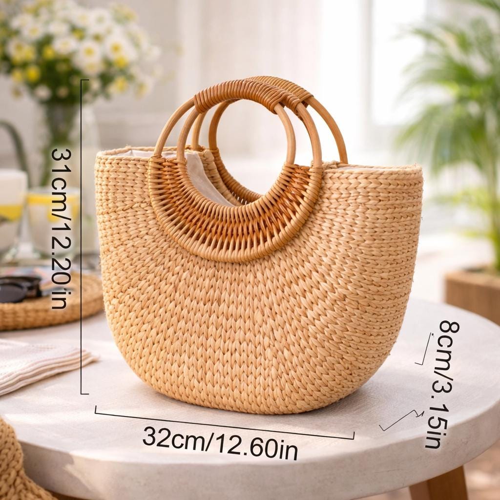 Woven Straw Handbag Women Beach Tote Summer Rattan Hobo Top Handle ...