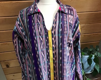 Vibrant Guatemalan Ikat Woven Cotton Pullover Tunic Top Medium