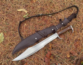 Handmade Carbon Steel Kukri Style Blade with Leather Sheath, Rosewood Handle, Outdoor Collectible, Artisan Forged Gift